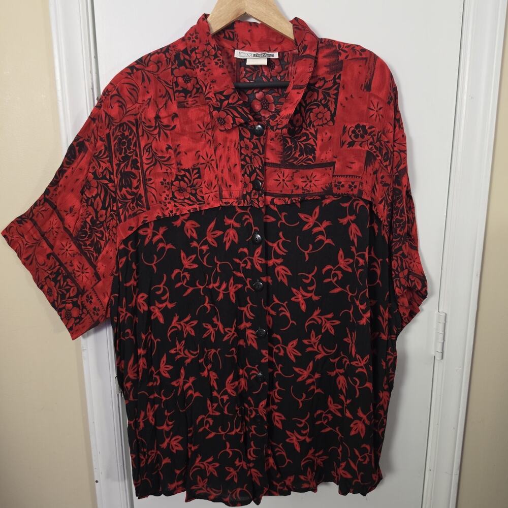 CM SHAPES Vintage Red Block Floral Plus 2X Boho Hippie Artsy Lagenlook Relaxed